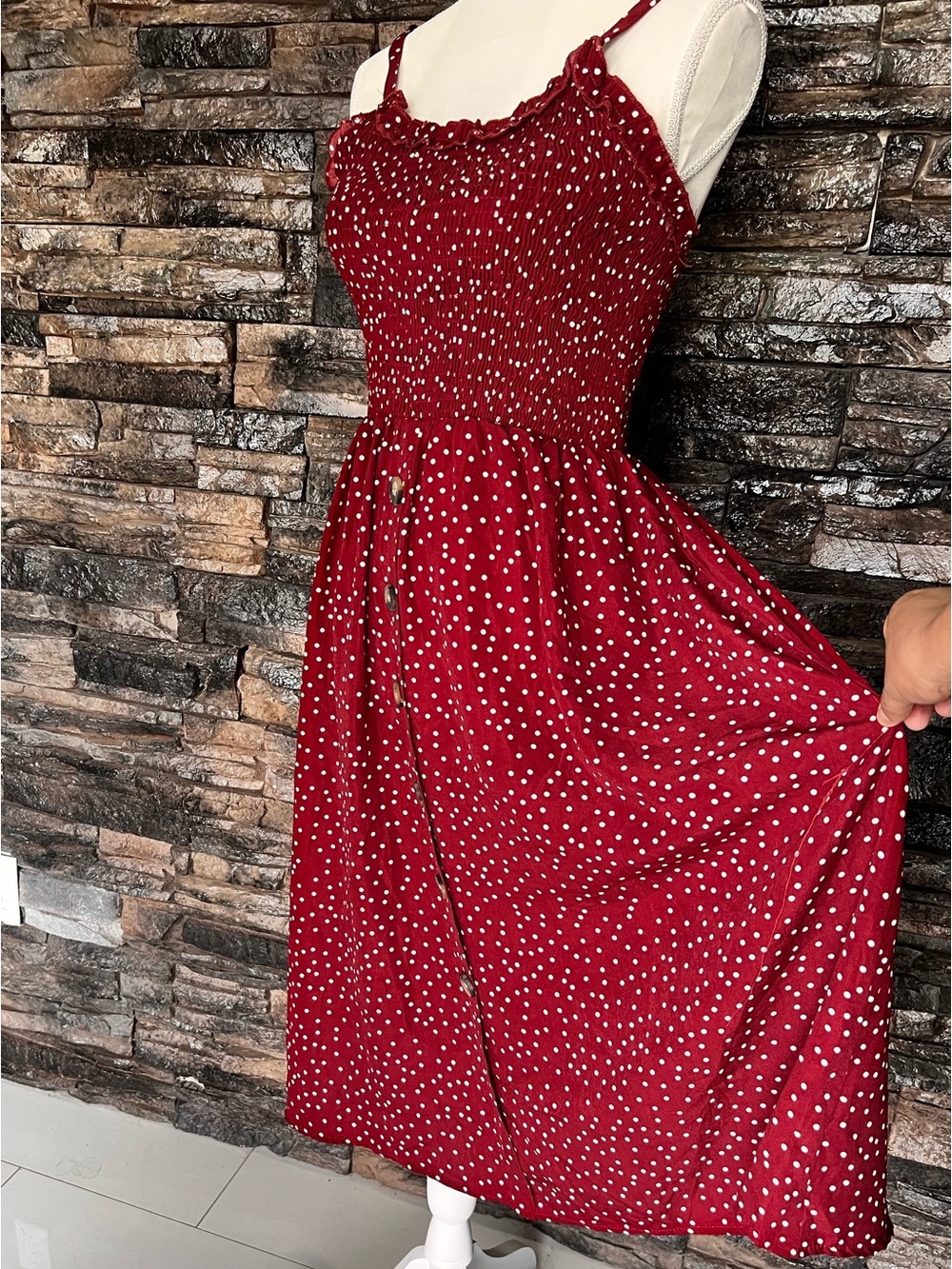 Red Polka Dot Midi Sundress with Button Front - Picture 6 of 16